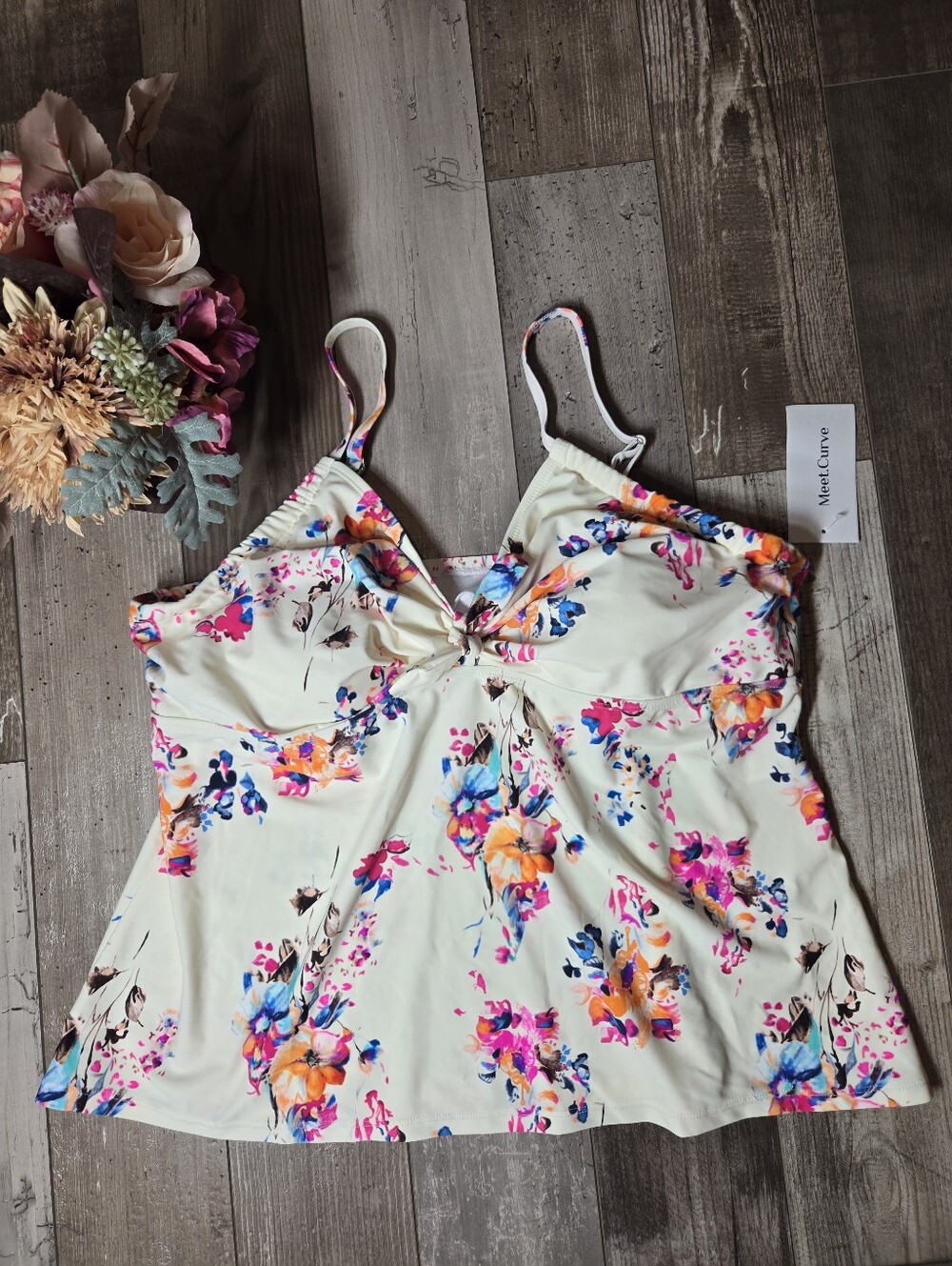 NWT Meet.Curve Cream Floral Twist-Front Swim Cami 2XL